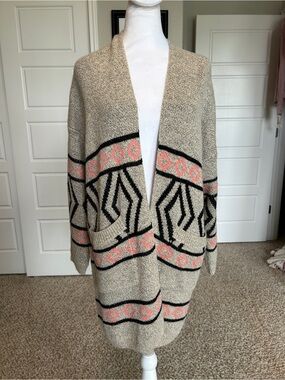 DREAMERS Open Cardigan Tunic Length Tan Primitive Pink Print | L